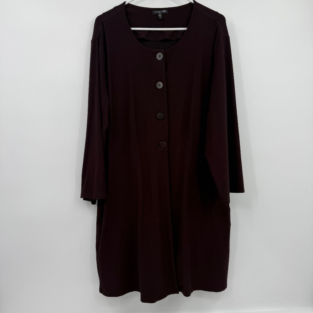 Eileen Fisher Coat Women 1X Brown 1/2 Button Up Cover Up Stretch Pockets Office